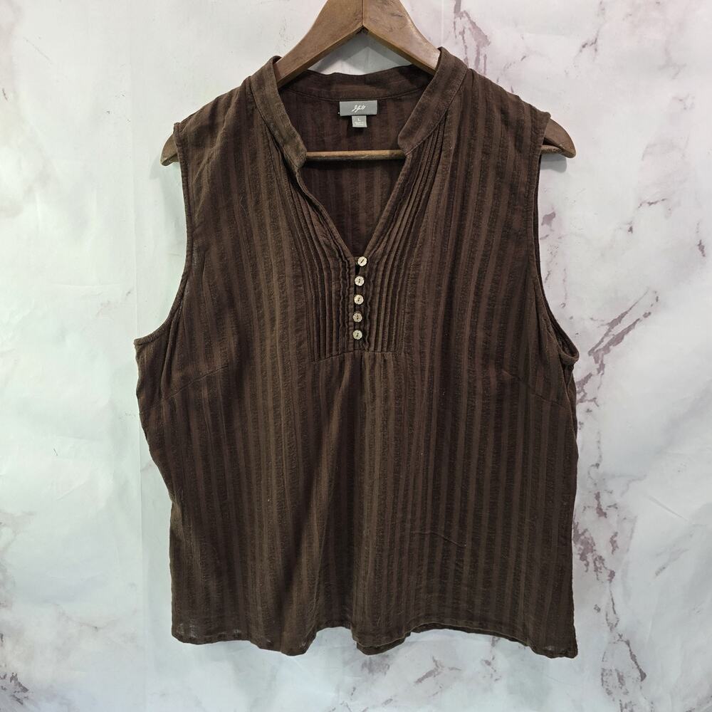 J Jill Shirt Womens Large Tank Top Chocolate Brown V Notch Embroidered Popover